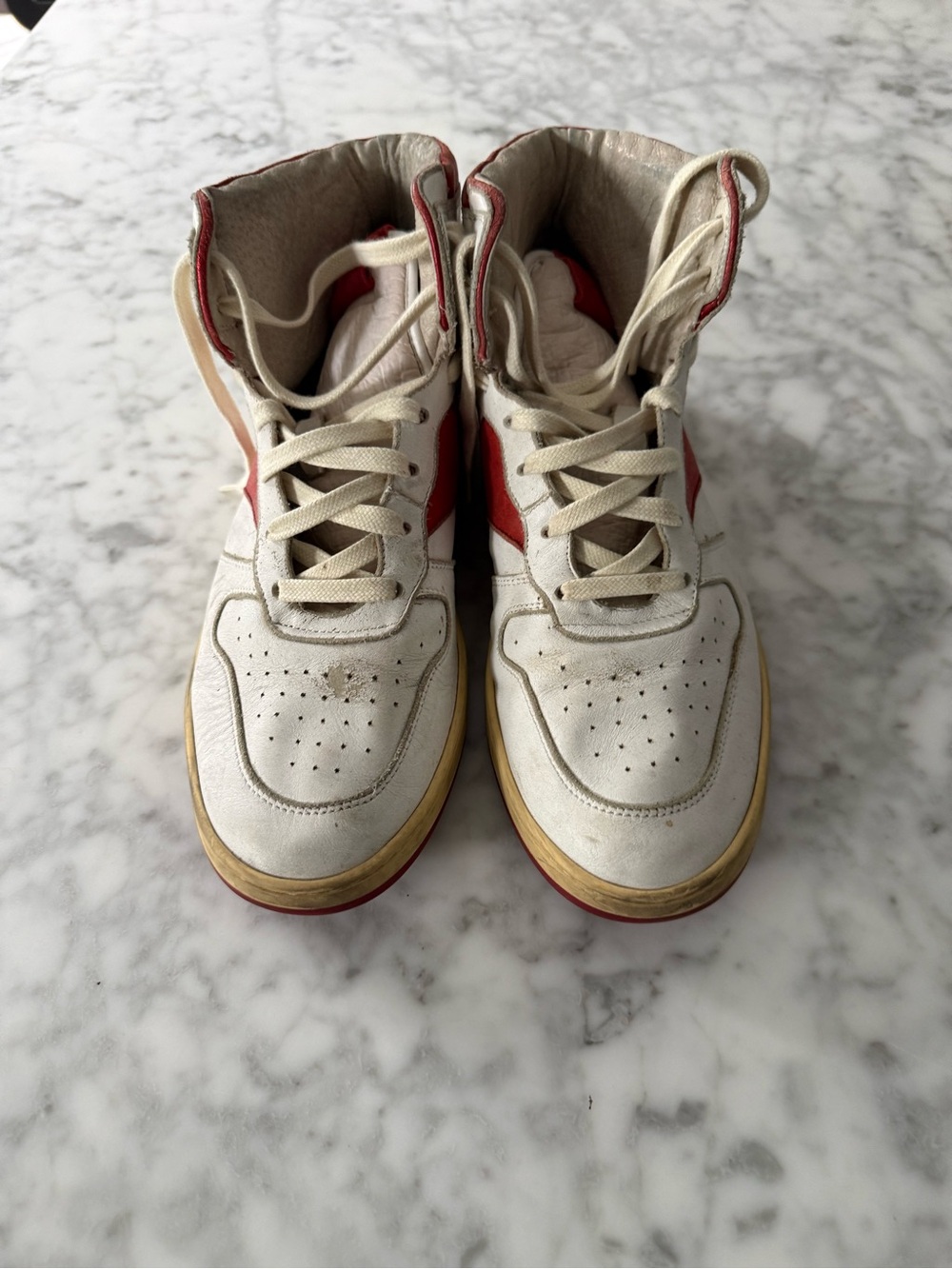 Rhude White and Red High-Top Sneakers